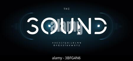 Police d'affichage HUD, lettres géométriques futuristes éclatantes, police cyber IA abstraite pour l'image de marque de l'espace numérique, titre minimal, typographie EDM, scifi Illustration de Vecteur