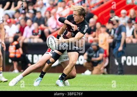 Toulouse, France. 01 juin 2025. Paul Costes de Toulouse lors du match du championnat de France Top 14 de rugby à xv opposant le stade Toulousain (Toulouse) et LE LOU Rugby (Lyon) le 1er juin 2025 au stade Ernest Wallon de Toulouse, France - photo Nathan Barange/DPPI crédit : DPPI Media/Alamy Live News Banque D'Images