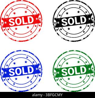 Grunge vendu ensemble de timbres - étiquettes rondes rouges, noires, bleues, vertes Illustration de Vecteur