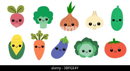 Set de légumes mignons. Légumes Kawaii. Illustration de Vecteur