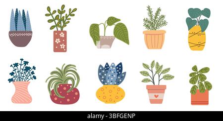 Ensemble de plantes en pots. Plantes maison simples en pot. Illustration de Vecteur