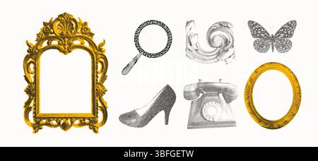 Illustration de stipple d'inspiration vintage avec cadres ornées, téléphone rétro, talon haut etc Illustration de Vecteur