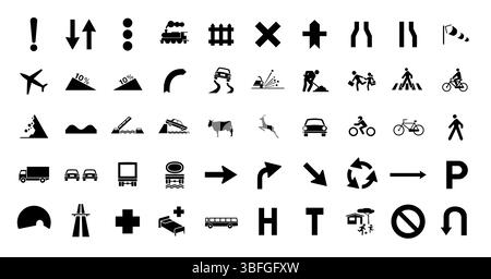 Un ensemble vectoriel propre de 50 panneaux de circulation et de signalisation routière dans un style de silhouette minimaliste. Idéal pour le Web, l'impression, les applications, l'infographie et l'utilisation éducative. Illustration de Vecteur