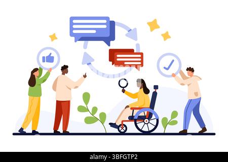 Communication et écoute actives, compétences commerciales douces, relation efficace au bureau. Les gens minuscules parlent et écoutent dans la conversation avec la flèche de boucle et les messages illustration vectorielle de dessin animé Illustration de Vecteur
