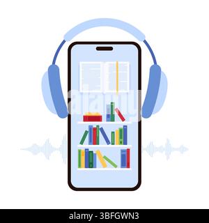 Illustration vectorielle d'un téléphone portable avec écouteurs et étagères, mettant l'accent sur les livres audio, la lecture numérique et l'apprentissage mobile. Convient pour l'éducation, la littérature et les sujets technologiques. Illustration de Vecteur