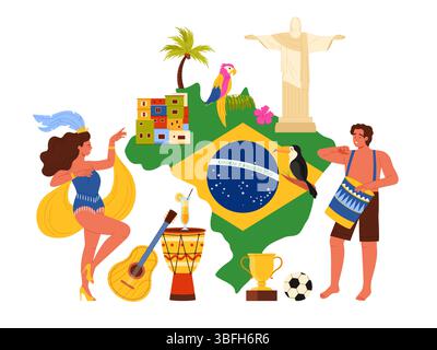 Voyage au Brésil, collage d'affiches infographiques avec carte du pays et drapeau, homme avec tambour et danseur de samba femme sur le carnaval brésilien, statue de Jésus et vieux bâtiment, illustration vectorielle de dessin animé perroquet Illustration de Vecteur