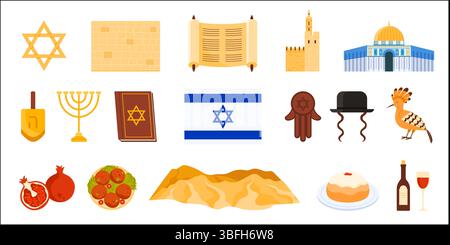 Voyage en Israël Set. Objets de vacances juives Hanukkah et collection religieuse du judaïsme, drapeau de pays et étoile de David, chapeau de rabbin et hamsa main, sufganiyot et illustration vectorielle de dessin animé falafel Illustration de Vecteur
