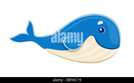 Personnage de baleine de dessin animé avec visage souriant et peau bleue. Vecteur isolé d'animal marin marin océanique. Mignonne créature marine avec un corps lisse et des yeux expressifs. Sea cachalot sympathique personnage aquatique Illustration de Vecteur