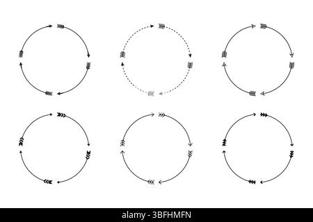 Six dessins de flux de flèches circulaires, démontrant le mouvement et la directionnalité, dessinés en noir et blanc minimal. Illustration de Vecteur