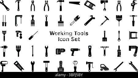 Vecteur d'icône d'outils de travail défini dans des silhouettes noires, y compris divers outils de construction et de réparation Illustration de Vecteur