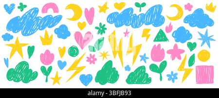 Ensemble d'autocollants crayon doodle - gribouilles enfantines colorées de coeurs et d'étoiles, nuages et fleurs, éclairs et formes géométriques simples. Formes esquisses décoratives mignonnes pour les projets de conception d'enfants. Illustration de Vecteur