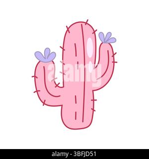 Cactus rose amusant et ludique avec des fleurs violettes, idéal pour les autocollants, les médias sociaux ou les projets d'art numérique. Illustration de Vecteur