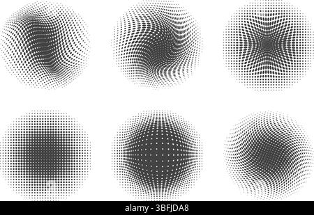 Formes vectorielles rondes pointillées sur fond blanc. Eléments de dégradé de demi-teintes abstraits. Cercles géométriques ronds ondulés à pois. Ensemble dynamique graphique Illustration de Vecteur