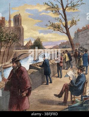 Le libraire et les amateurs de livres sur les quais de Paris (notre Dame de Paris) - les bouquinistes et les amateurs de bouquins sur le quais de Paris - 1902 Banque D'Images
