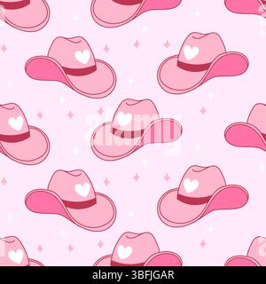 Motif rose sans couture avec chapeaux de cow-girl et de cow-boy décorés avec des coeurs, parfait pour les arrière-plans créatifs, les papiers peints et le papier d'emballage. Illustration de Vecteur