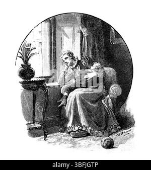 Mère regardant par la fenêtre avec l'enfant endormi dans les bras, ligne gravée illlustration de l'intérieur de la pépinière victorienne, de 1892 The Quiver Magazine Banque D'Images
