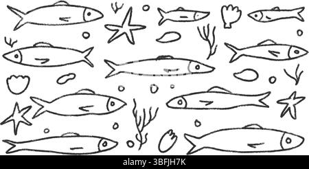 Jeu de doodle de poissons. Sardines dessinées à la main griffonnage École de poissons dans la mer. Illustration nautique monochrome vectorielle par aquarium à crayons sur backgro blanc Illustration de Vecteur