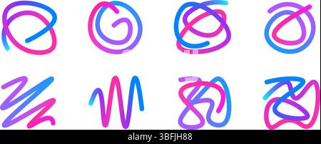 Ensemble de formes fantaisistes dégradées colorées. Collection de formes abstraites Wavy Squiggles. Griffonnages décoratifs à boucles. Figures courbes irisées. Gradient vectoriel Illustration de Vecteur