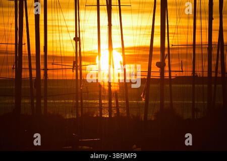 Petit groupe de voiliers dans une marina avec un fond de coucher de soleil Banque D'Images