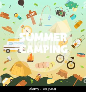 Activités estivales de camping avec des éléments ludiques et des paysages vibrants. Illustration vectorielle Illustration de Vecteur