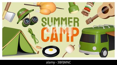 Célébration du camping au camp d'été entouré d'éléments amusants et naturels. Illustration vectorielle Illustration de Vecteur