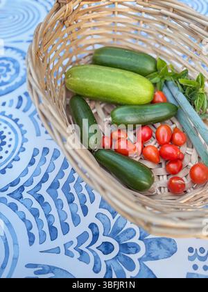 Légumes d'été fraîchement cueillis dans un panier sur motif bleu Banque D'Images