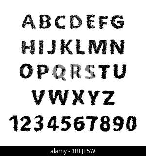 Lettres et chiffres de l'alphabet latin dessinés à la main. Majuscules modernes police et police de caractères. Symboles noirs sur fond blanc. Illustration vectorielle. Illustration de Vecteur