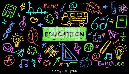 L'école de charbon de bois gribouille sur fond de tableau noir. Icônes amusantes dessinées à la main pour les thèmes de la rentrée scolaire. Signes de crayon pastel colorés pour l'éducation enfantine mignonne Illustration de Vecteur