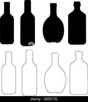 Silhouettes et contours de bouteilles diverses - ensemble vectoriel de boissons vide Illustration de Vecteur