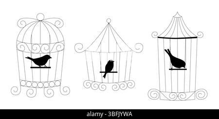 Cages d'oiseaux simples ensemble dans la collection vectorielle de style d'art de ligne de doodle dessinée à la main de cages en métal pour oiseaux illustration de maison d'animaux de compagnie esquissée pour le décor et Illustration de Vecteur