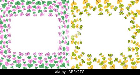 Forme de coeur à main levée cadres floraux colorés printemps et été Greeting Copy espace Set de modèles. Illustration vectorielle isolée cartes thématiques de printemps ou d'été, invitations ou bannière de fête, dépliants, étiquette Illustration de Vecteur