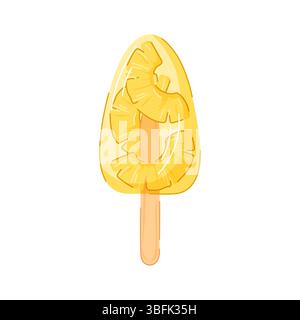 Crème glacée ananas popsicle avec tranche de fruits jaunes à l'intérieur sur bâton en bois dans le style de dessin animé. Parfait pour la conception estivale tropicale, dessert visuel ou Illustration de Vecteur