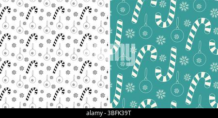 Jouets de Noël en canne à sucre rayée à main levée et flocons de neige ensemble de motifs sans couture à effet craie et encre. Illustration vectorielle isolée thèmes Noël ou nouvel an décors carte de voeux, dépliant, bannière Illustration de Vecteur