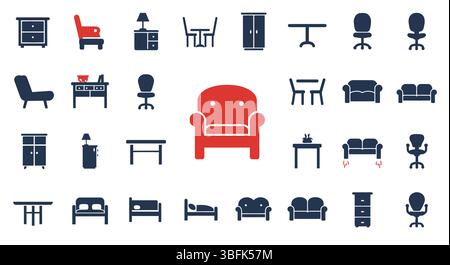Ensemble d'icônes de meubles – symboles de décoration d'intérieur, de maison, de bureau et de salon Illustration de Vecteur