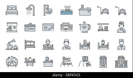 Jeu d'icônes hôtel et hébergement – symboles hospitalité, hébergement, voyage et séjour Illustration de Vecteur