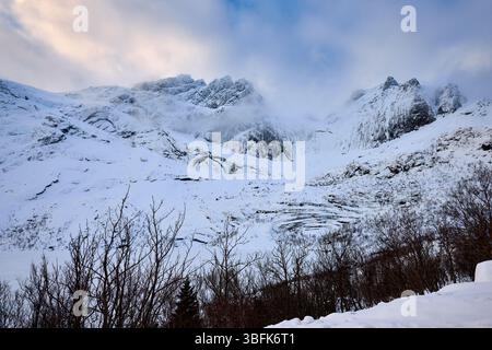 Paysage en route vers Nusfjord, Lofoten, Norvège, Europe Banque D'Images