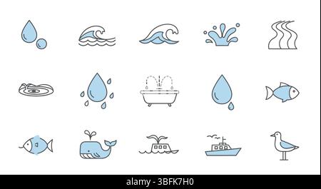 Clean Linear Water Icons Set – Outline Vector Collection of Aqua, Drop, Waves, Plumbing, purification, conservation et Liquid Elements for UI Illustration de Vecteur