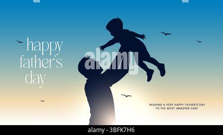 Joyeuse fête des pères avec papa et silhouettes d'enfants. Carte de voeux vectorielle avec un joli message de la fête des pères. Joyeuse fête des pères saluant illustrati Illustration de Vecteur
