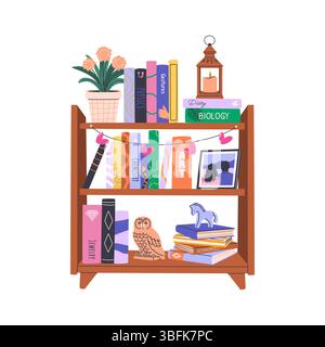 Piles de livres sur des étagères. Bibliothèque personnelle. Illustration de Vecteur