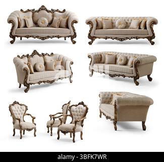 Meubles classiques dans un ensemble séparé isolé sur fond blanc. canapé , fauteuil , table basse Banque D'Images