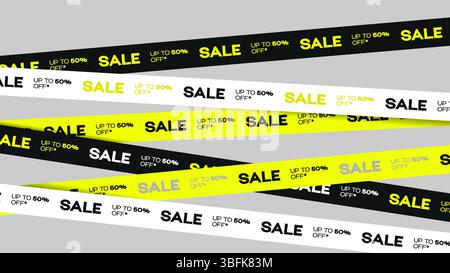 Rubans jaunes modernes pour Big Sale. Modèle avec bandes réalistes croisées pour Black Friday, remise. Rayures avec bordure à vendre. Illustration de Vecteur