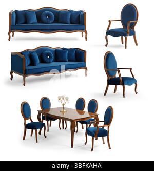 Meubles bleus classiques dans un ensemble séparé isolé sur fond blanc. canapé , fauteuil , table et chaise , table à manger Banque D'Images