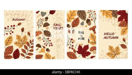 Ensemble de cartes d'automne confortables avec des feuilles, des champignons, des baies et des citations saisonnières comme automne, Fall Vibes, Fall Is Here et Hello Autumn.Warm beige Illustration de Vecteur