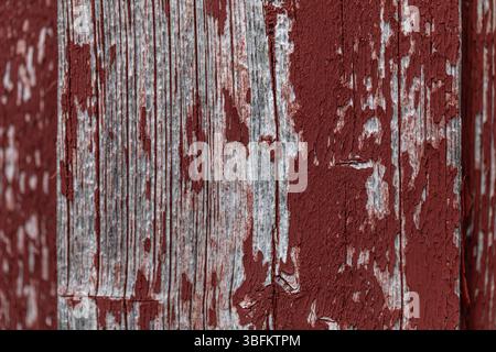 Gros plan d'un mur en bois altéré en Falu Red avec de la peinture écaillée, tourné à un angle pour la profondeur et le flou. Texture de surface rustique nordique. Banque D'Images