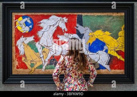 Londres, Royaume-Uni. 2 juin 2025. Untitled (Seven Horses) de Maqbool Fida Husain, estimez £300 000 - £500 000 dans la vente d'art moderne et contemporain sud-asiatique le 4 juin - Un aperçu des ventes asiatiques à Bonhams, New Bond Street. Crédit : Guy Bell/Alamy Live News Banque D'Images