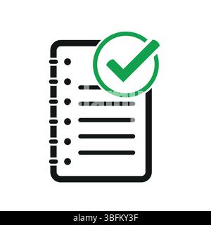 Icône de liste de contrôle avec coche verte sur la page du bloc-notes en spirale utilisée pour les tâches, les plans ou les objectifs Illustration de Vecteur