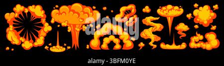 Explosion de feu de dessin animé avec explosion de bombe, flamme et effet de nuage de fumée sur fond noir. Jeu d'explosion de bande dessinée vectorielle. Idéal pour les jeux, les effets de mouvement Illustration de Vecteur