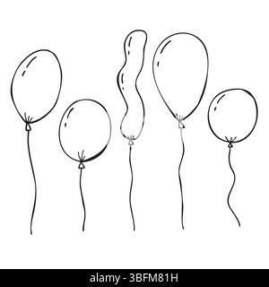 Ensemble dessiné à la main de vecteur de cinq ballons de différentes formes et tailles, adapté à la décoration de vacances Illustration de Vecteur