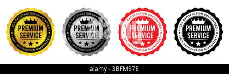 Jeu de quatre icônes de badge de service Premium en or, argent, rouge et noir pour l'assurance qualité Illustration de Vecteur