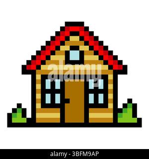 Simple maison en bois avec pixel art. Illustration de Vecteur